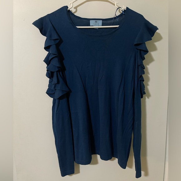 CeCe Turquoise Ruffle Shoulder Sweater - Picture 3 of 7